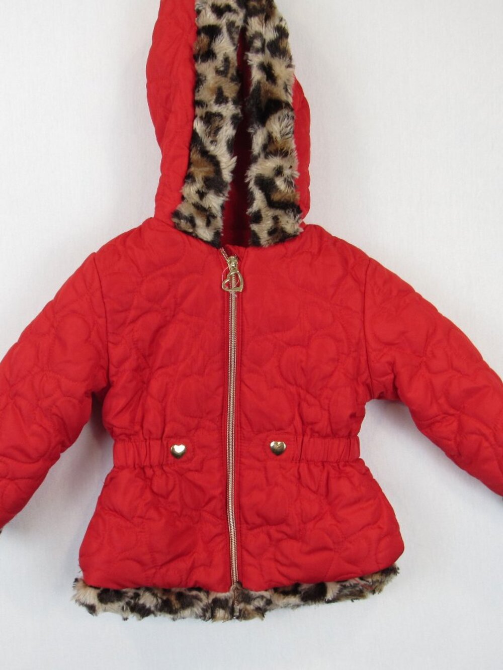 Pistachio Red Heart Puffer Coat Jacket Toddler Girl's Size 2T Faux Fur Trim